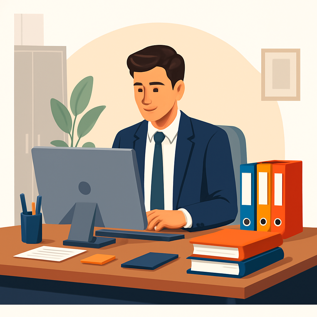 Ilustrasi karyawan bahagia bekerja sekaligus membuka bisnis AI otomatis